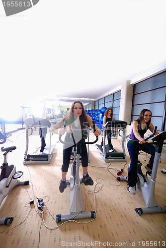 Image of Women working out on spinning bikes at the gym 