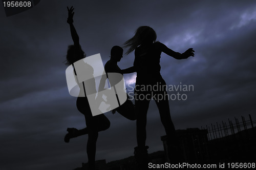 Image of group of people jumping in air in night