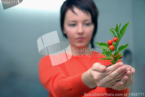 Image of Beautiful  girl holding young plant