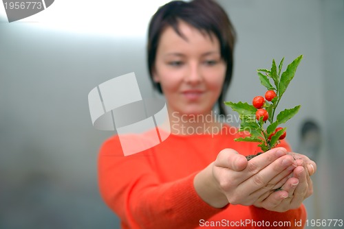Image of Beautiful  girl holding young plant