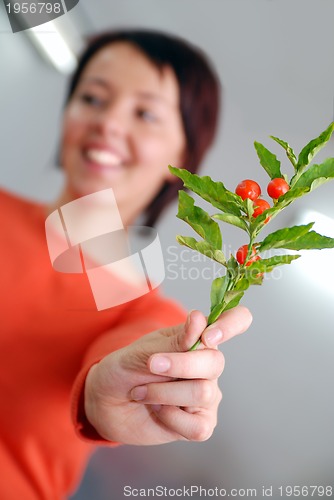 Image of Beautiful  girl holding young plant