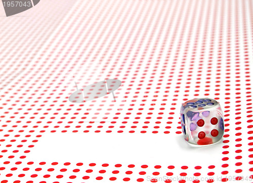 Image of empty space for write and gambling dice on red dotted background