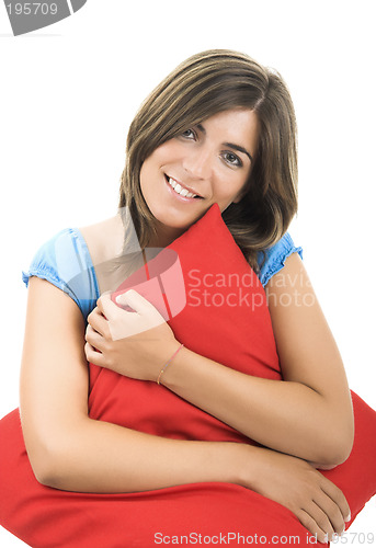 Image of Beautiful woman with a soft cushion