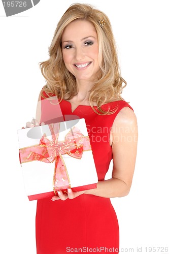 Image of Female in red dress holding a present