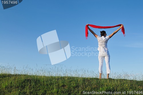 Image of beautiful woman with red scarf on meadow