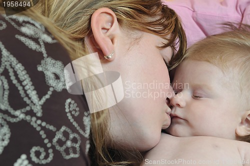 Image of beautiful blonde young mother and cute baby