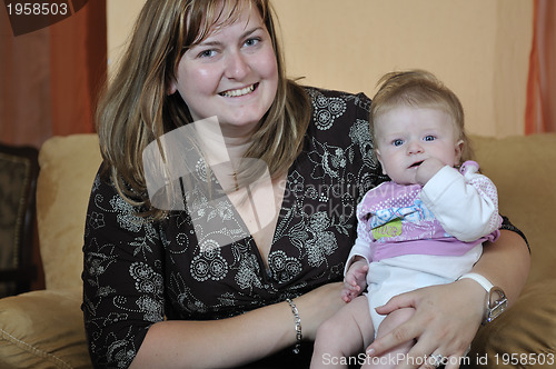 Image of beautiful blonde young mother and cute baby