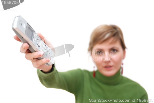 Image of Young girl holding out phone 