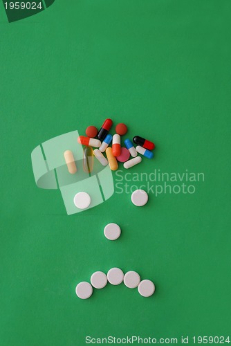Image of headache caricature with pills