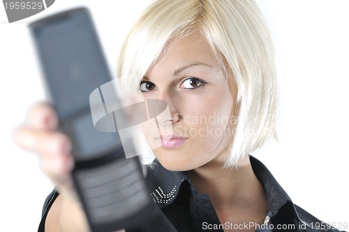 Image of portrait of young blonde business woman holding new modern cellp