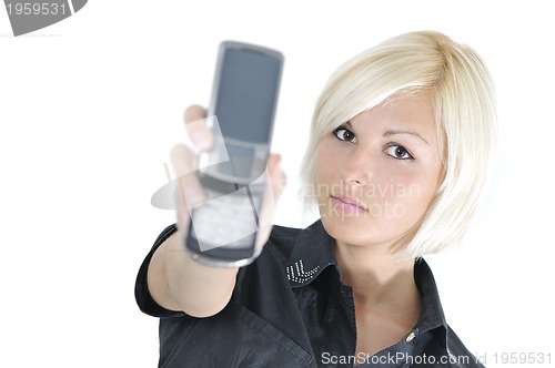 Image of portrait of young blonde business woman holding new modern cellp