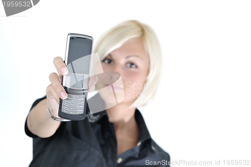 Image of portrait of young blonde business woman holding new modern cellp