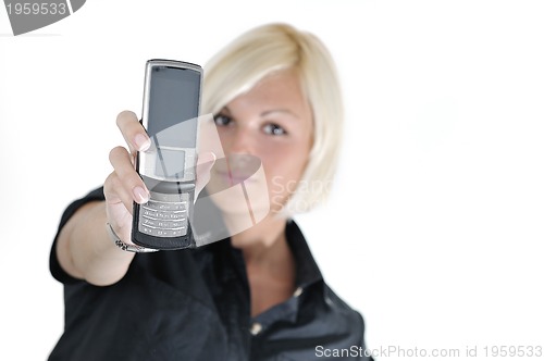 Image of portrait of young blonde business woman holding new modern cellp