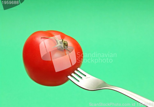 Image of fresh tomato on fork with green background