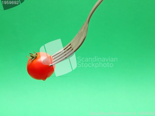Image of fresh tomato on fork with green background