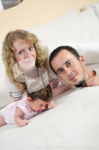 Image of indoor portrait with happy young family and  cute little babby 