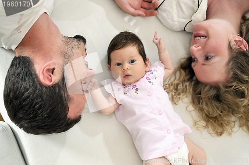 Image of indoor portrait with happy young family and  cute little babby 