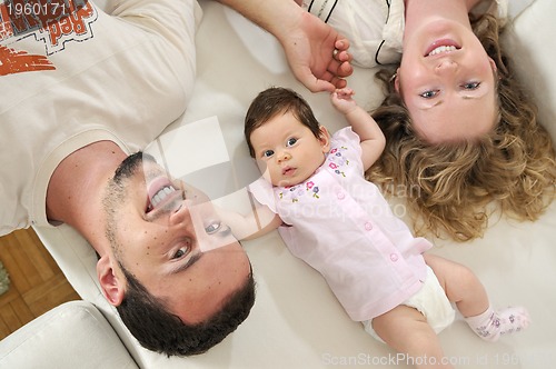 Image of indoor portrait with happy young family and  cute little babby 