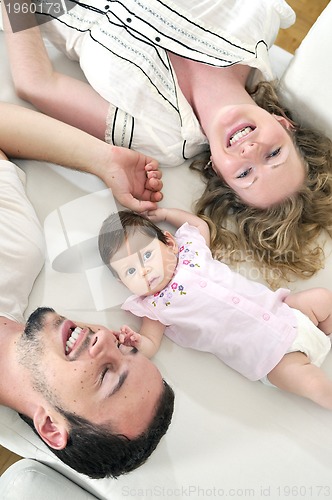 Image of indoor portrait with happy young family and  cute little babby 