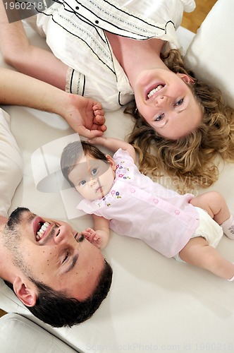 Image of indoor portrait with happy young family and  cute little babby 