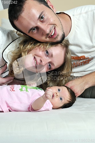 Image of indoor portrait with happy young famil and  cute little babby 