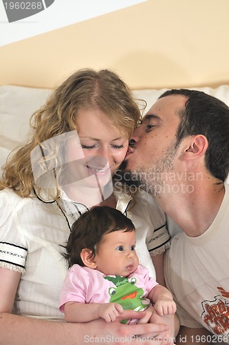 Image of indoor portrait with happy young family and  cute little babby 