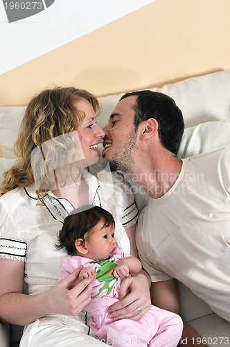 Image of indoor portrait with happy young family and  cute little babby 