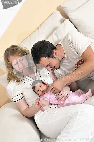 Image of indoor portrait with happy young family and  cute little babby 