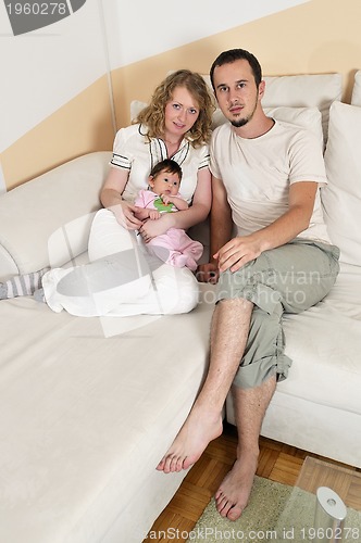 Image of indoor portrait with happy young family and  cute little babby 