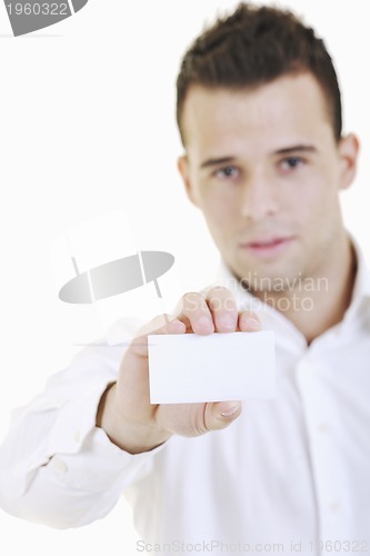 Image of young business man with empty card isolated on white