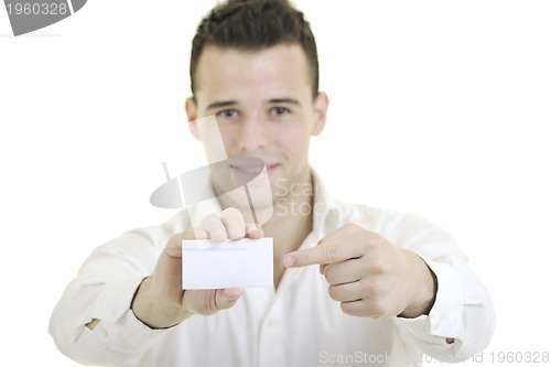 Image of young business man with empty card isolated on white