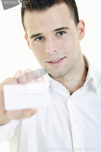 Image of young business man with empty card isolated on white