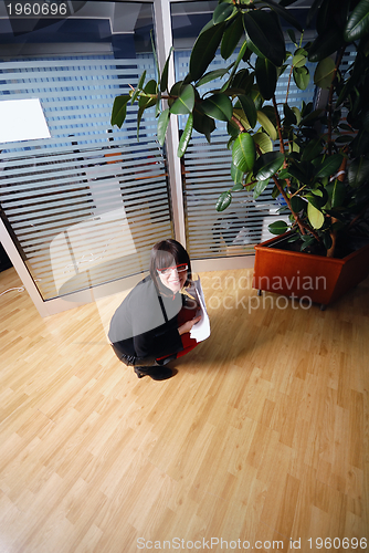 Image of happy businesswoman throwing documents in office