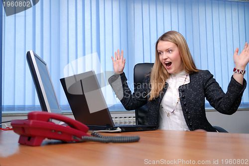 Image of Smiling young businesswoman working on a laptop in the office.