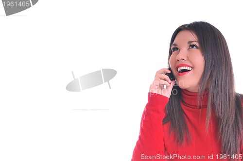 Image of woman in red talking on cellphone