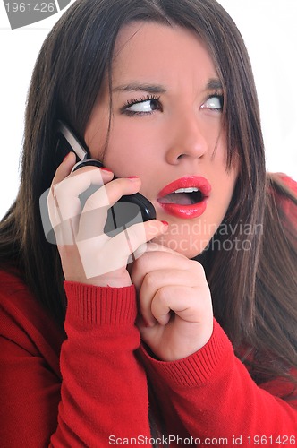 Image of woman in red talking on cellphone