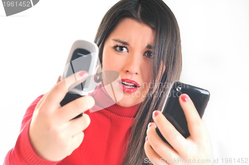 Image of woman in red talking on cellphone