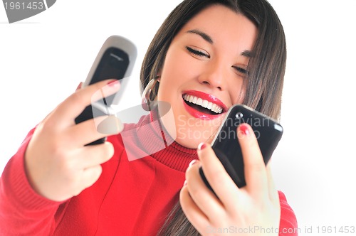 Image of woman in red talking on cellphone