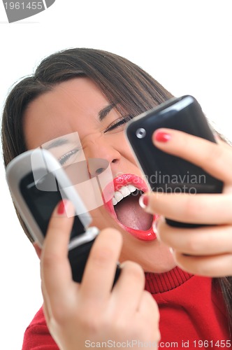 Image of woman in red talking on cellphone