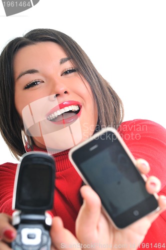 Image of woman in red talking on cellphone