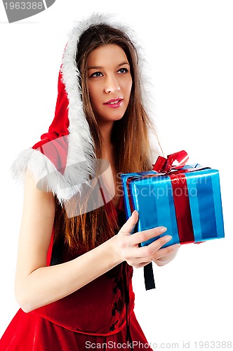 Image of Beautiful and sexy christmas woman with gift