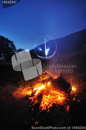 Image of fire with long exposure on camping at night