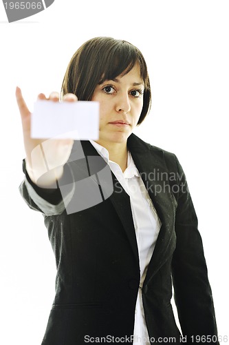 Image of young business  woman displaying empty business card