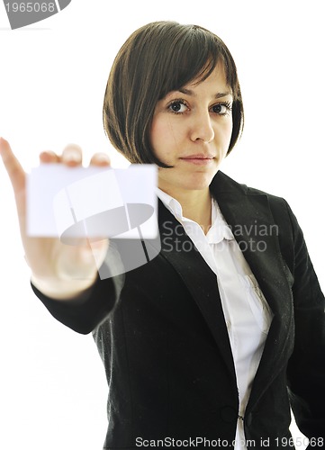 Image of young business  woman displaying empty business card