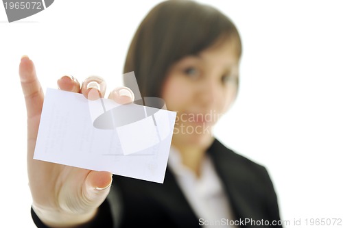 Image of young business  woman displaying empty business card