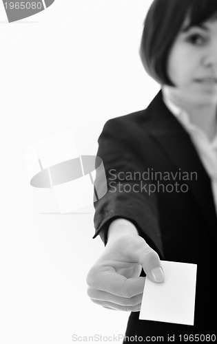 Image of young business  woman displaying empty business card