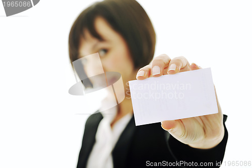 Image of young business  woman displaying empty business card