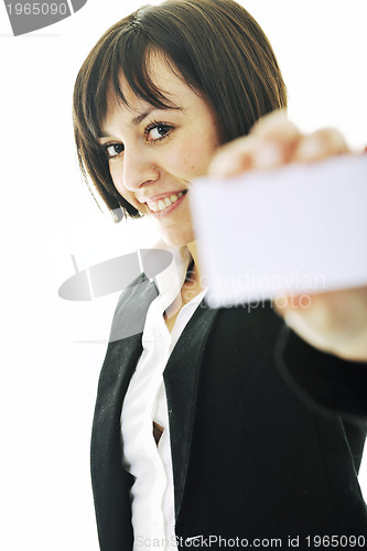 Image of young business  woman displaying empty business card
