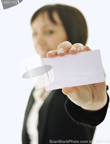 Image of young business  woman displaying empty business card