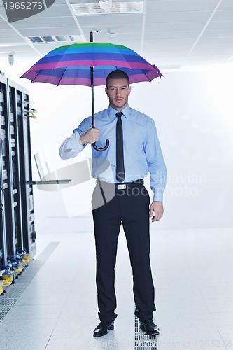 Image of businessman hold umbrella in server room